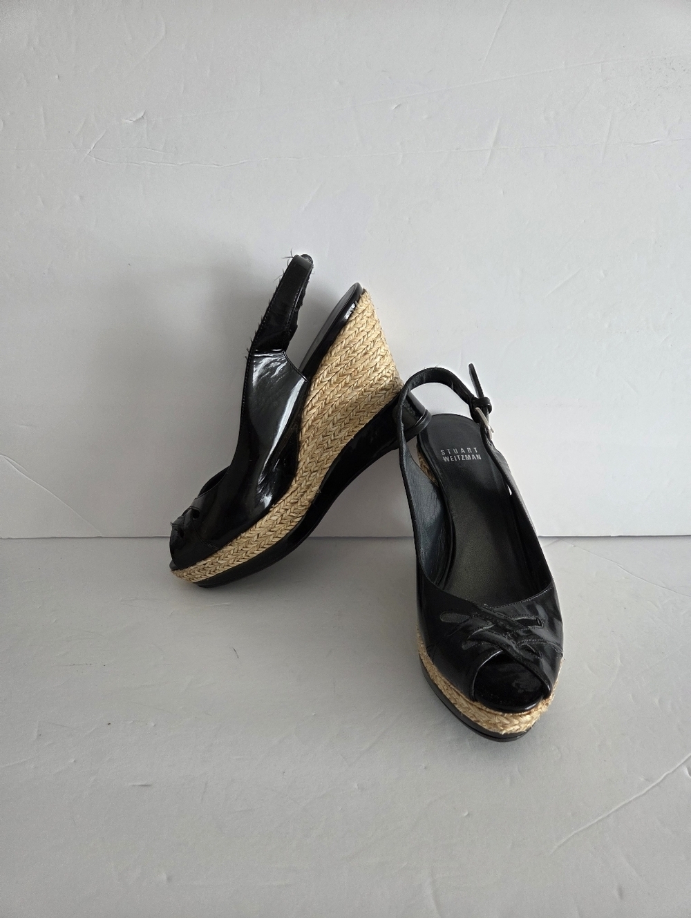 Stuart Weitzman Black Leather Espadrille Wedge Slingbacks Sz.6M - Picture 3 of 7